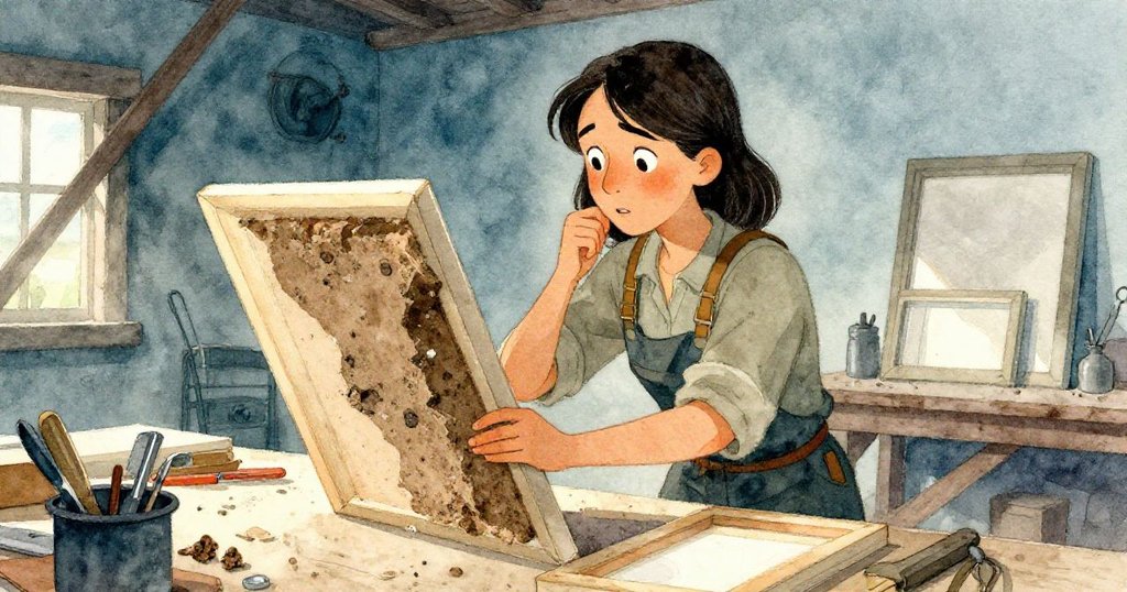 Mae 立於工作台前，一手觸碰沉重模具，一手捧起輕盈新板，神情中流露出猶豫與果斷的抉擇瞬間。