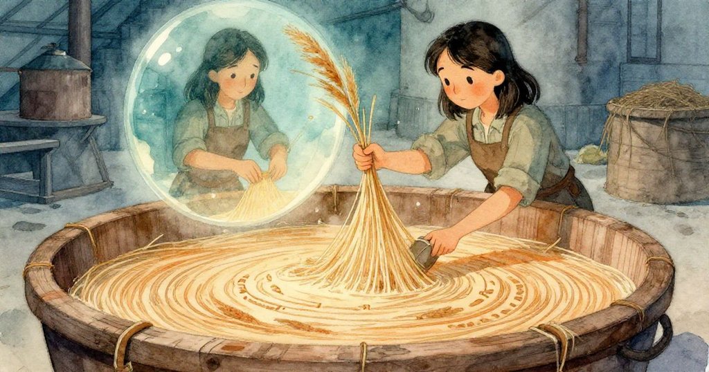 在象徵意義的場景中，模具漂浮於漿液上，細蘆葦繪出神秘線條，Mae靜心用鏟收集，呈現解謎後的平靜與詩意。