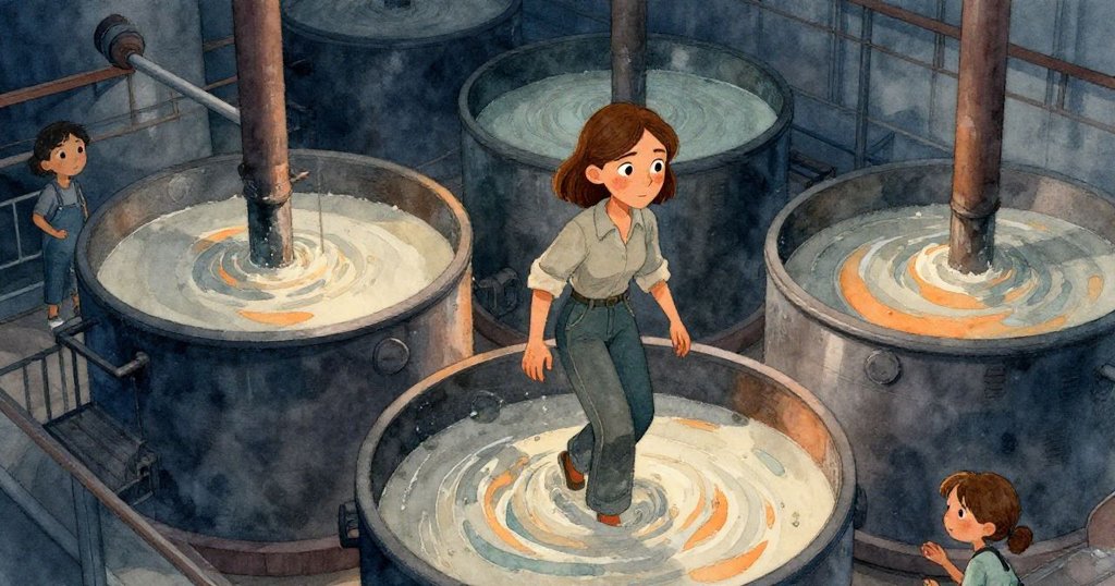 Ada在工廠閣樓上移動,周圍有大型瓦斯桶和漸層光影,呈現早晨忙碌而充滿希望的情境