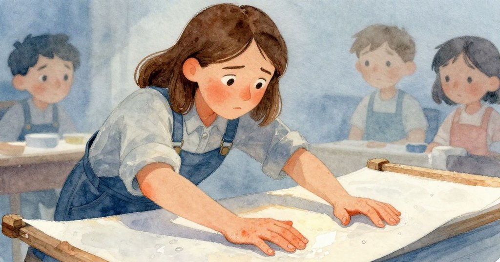 Ada正專注地用手掌觸碰濕漉漉的布料,臉上帶著專注和溫柔,展現工作中的細膩情感