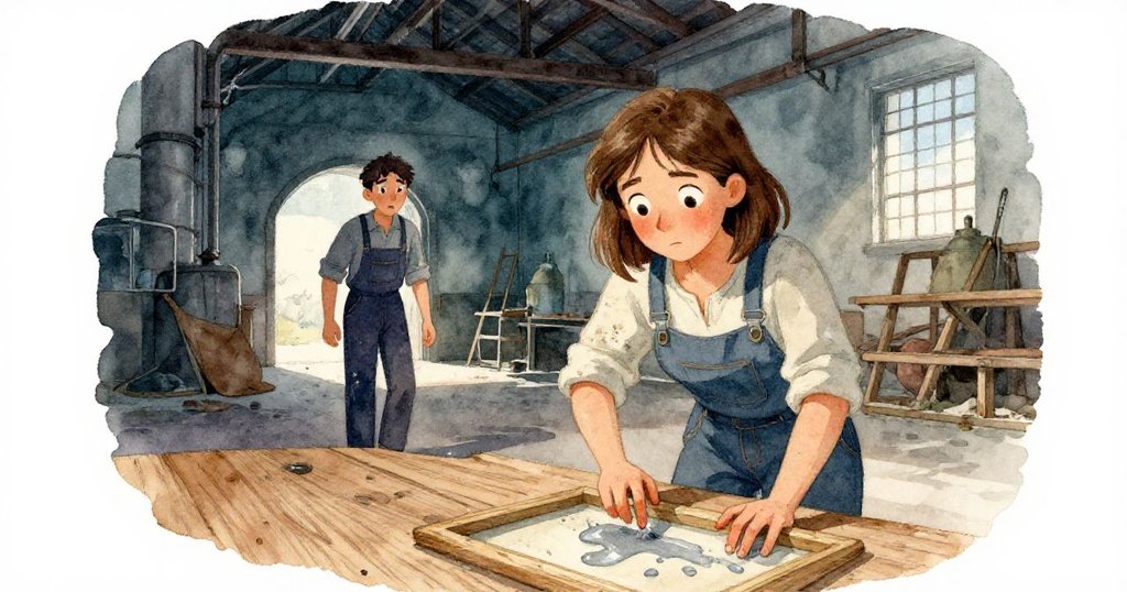 Ada專注於工作時,木板上有細流滲出,遠處Luke帶著關切出現,整個場景層次分明、光影交錯