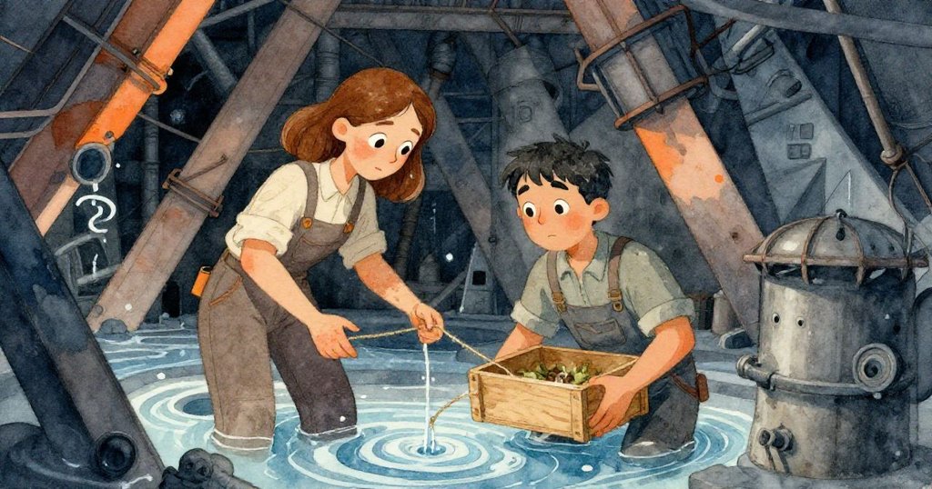 Ada與Luke共同合作控制漏水,場景中木梁和流水形成不尋常幾何圖形,氣氛既超現實又充滿專注