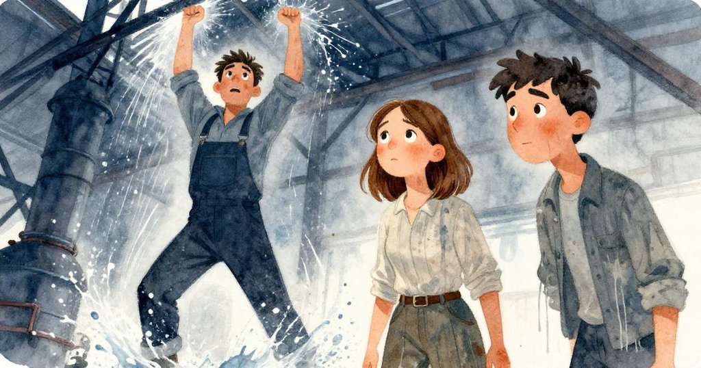 Luke昂首向前離開濕漉漉的漏水區域,Ada緩步跟隨,水珠和光軌動感展現轉危為安的瞬間