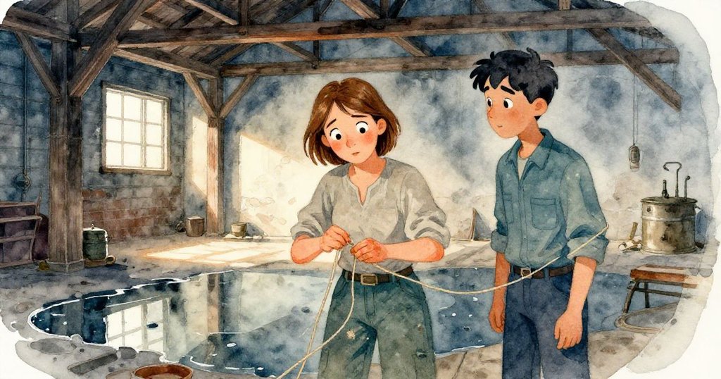 Ada與Luke並肩站在平靜的水窪邊,水面映出閣樓橫梁,溫暖午光灑下,展現工作後的寧靜與滿足