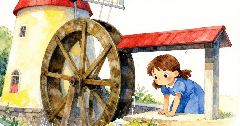 橄欖在古舊磨坊前急速閃避低矮門檻，水霧灑落臉上與衣袖，背景呈現破舊水輪與石牆，氛圍神秘而充滿冒險。