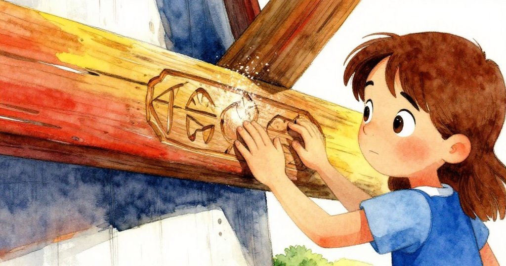 橄欖在磨坊內仔細觸摸牆上刻痕，麵粉緩聚成畫，手指輕觸木紋，表情專注而充滿好奇。