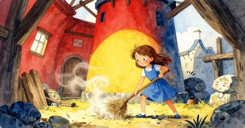 橄欖在磨坊內輕撥落葉與穀殼，前景與背景層次分明，水輪與古木交錯，氛圍懷舊而神秘。