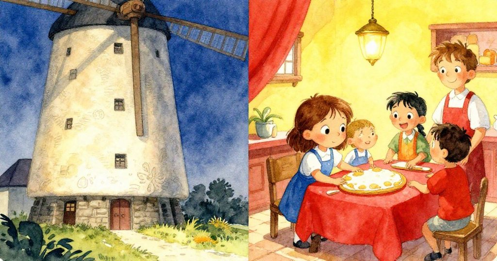 橄欖站在刻痕牆前，左側呈現疲憊磨坊與麵粉神秘感，右側回憶與表兄妹歡樂烘焙，形成現實與記憶對比。