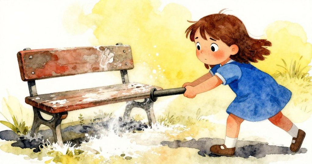 橄欖堅定推動沉重料斗，近距離展現麵粉飛揚和牆上微妙刻痕，神情專注，動作充滿力量。