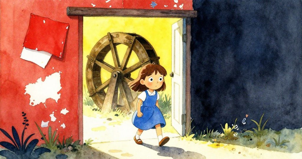 橄欖朝著開放門道邁步，背景中水輪緩轉，紅布輕舞指引未來，新希望氛圍溫暖而明亮。