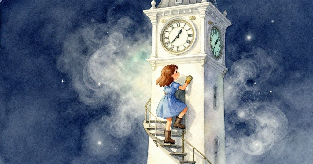 喬伊在破舊鐘樓的螺旋梯上攀爬，晨光中塵埃飛舞，她表情好奇期待，展現早晨開始的奇妙氛圍。