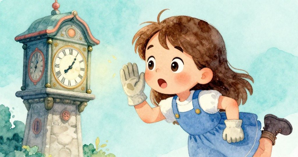 喬伊面容特寫，眼中流露出驚訝與專注，聽著鐘樓內異常緩慢的滴答聲，背景模糊呈現溫暖晨光。