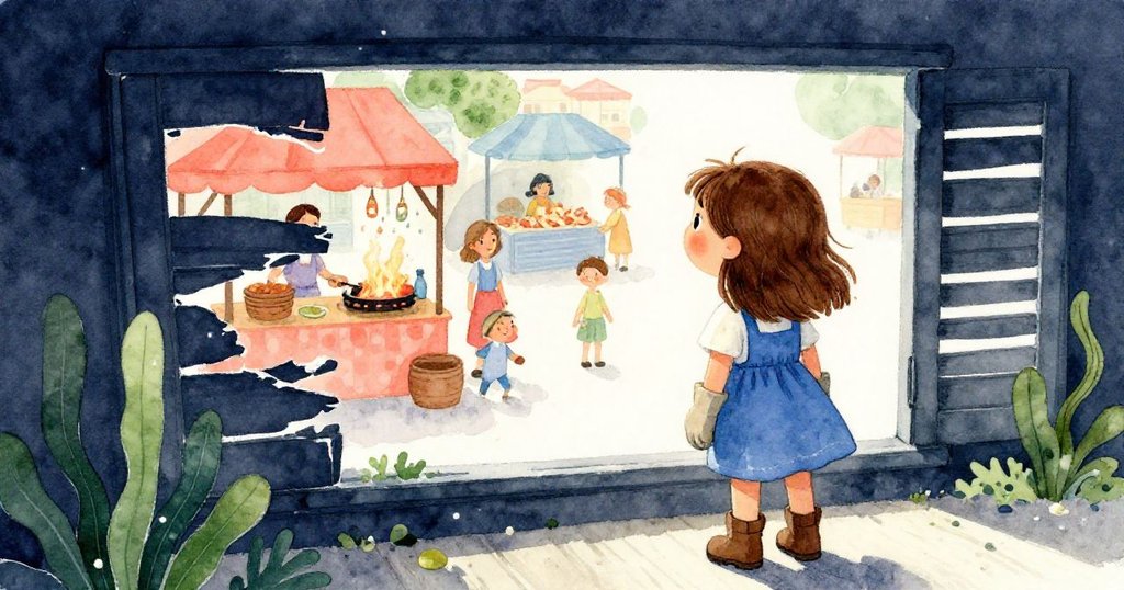 喬伊從背後觀看樓下熱鬧市場，破碎窗格透入晨光，她神情疑惑，心中隱隱感受到異變。