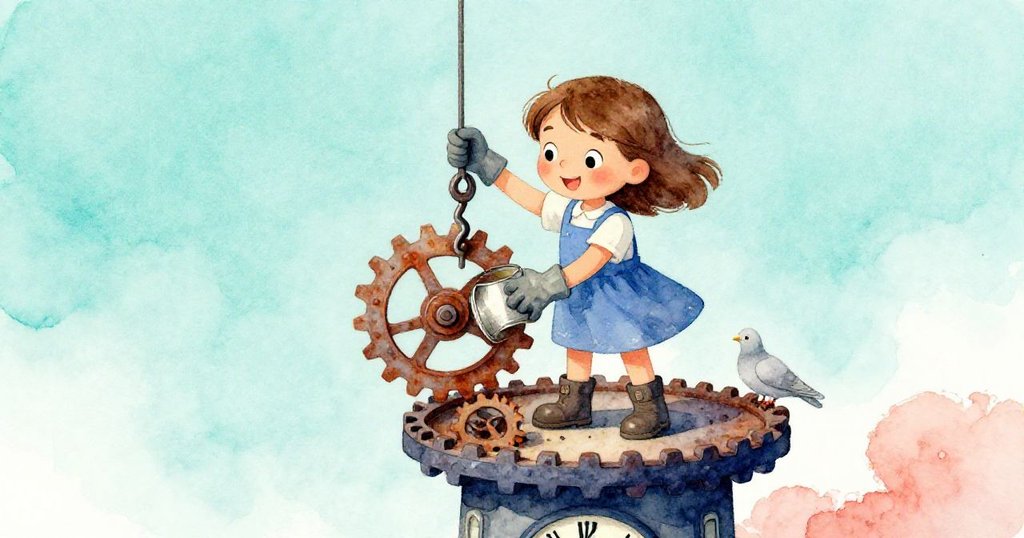喬伊站在齒輪平台上，手持工具開始修復老鐘，旁邊鴿子警覺凝視，場景傳達忙碌與堅毅。