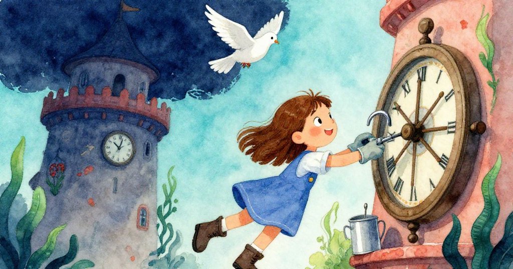 喬伊全神貫注操作鋼鉤與油罐，齒輪逐漸轉動，旁邊鴿子在空中飛舞，場景充滿動感與希望。