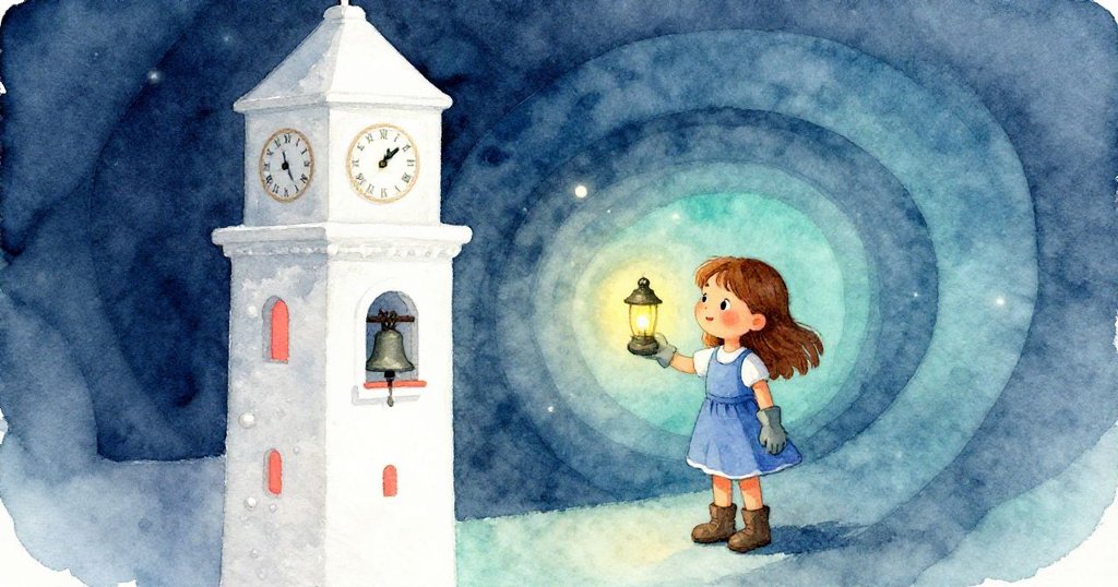 喬伊提著燈站在鐘樓門前，凝視著緩慢雙重節奏的鐘擺，臉上流露出堅定與思索，夜幕漸臨。