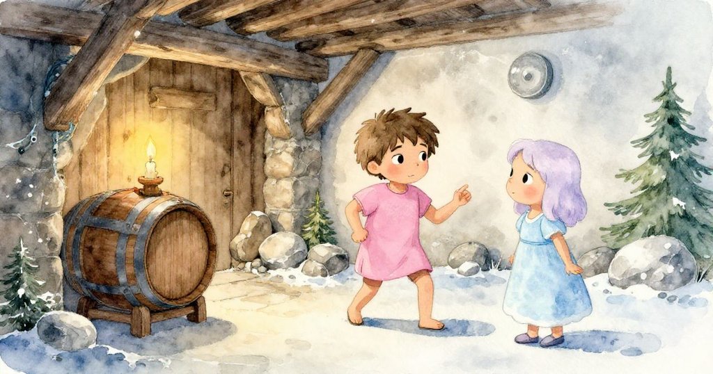 Theo在陰暗酒窖中推動木桶，Dina細心擦拭滴漏，兩人神情專注，古老石牆與木箱環繞溫馨神秘。