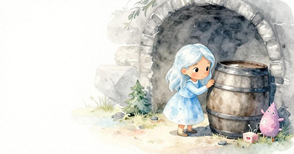 Dina在寬敞陰暗酒窖中彎身清理滲漏木桶，背景空曠，神情專注帶有緊張期待氣息。