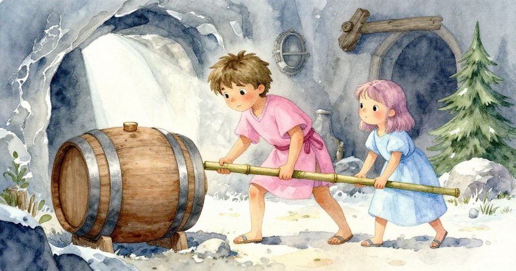 Theo和Dina在古老酒窖中協力撬動木桶，Dina小心推入毛巾，兩人神情專注展現團隊默契。