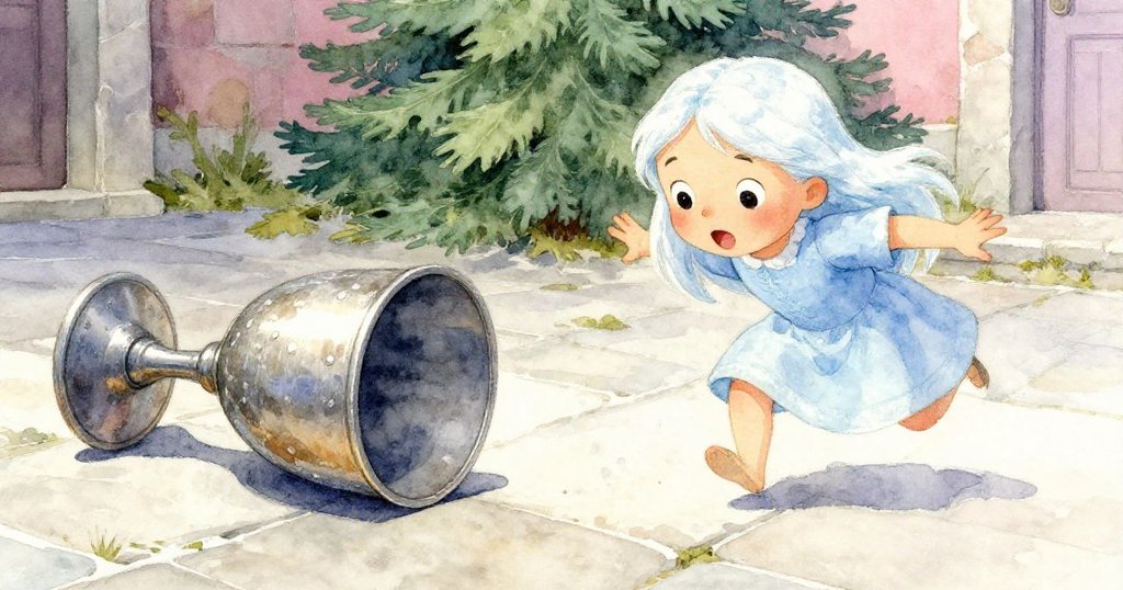 Dina驚訝伸手追趕在石地滾動古銹杯，杯身彎曲帶著柏木碎屑，動感十足充滿急迫情緒。