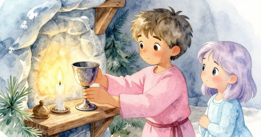 Dina小心擦拭古銹杯並放置於木架上，Theo修剪蠟燭，二人神情放鬆流露解脱，溫暖燭光照亮柔和酒窖。