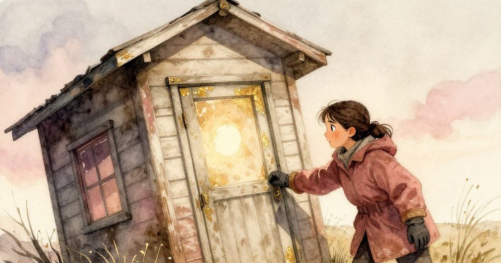 塔拉在破舊氣象站前試圖開門，清晨柔光中充滿神秘感，門上覆蓋著鹽霜，展現好奇與決心。