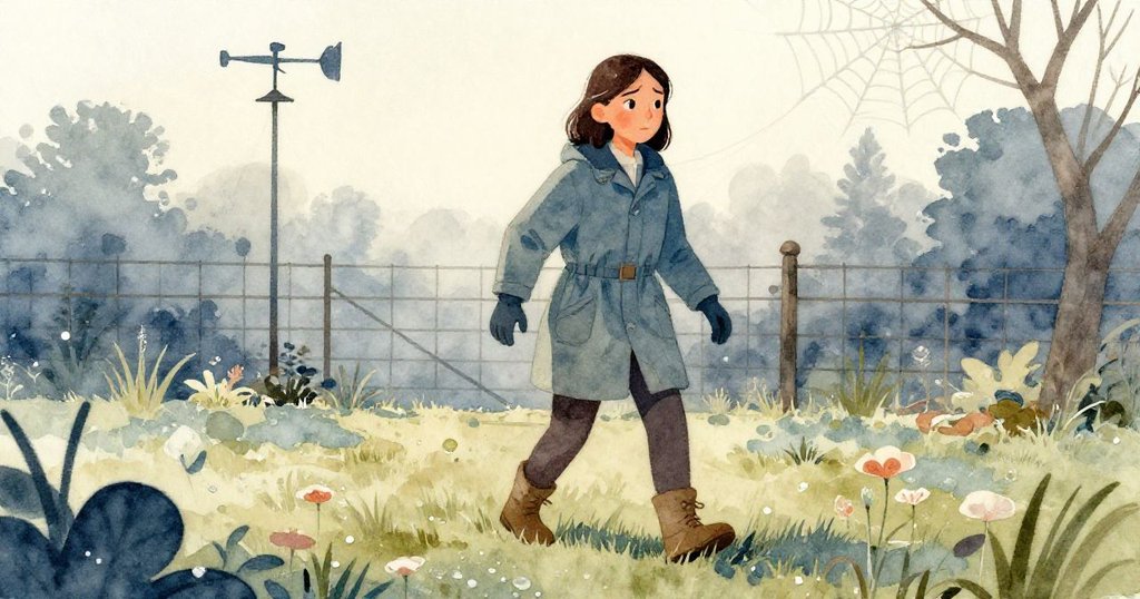 塔拉踏入院子，小心留意著靜止的風向儀與細緻蜘蛛網，清晨露水映襯出溫柔又謹慎的步伐。