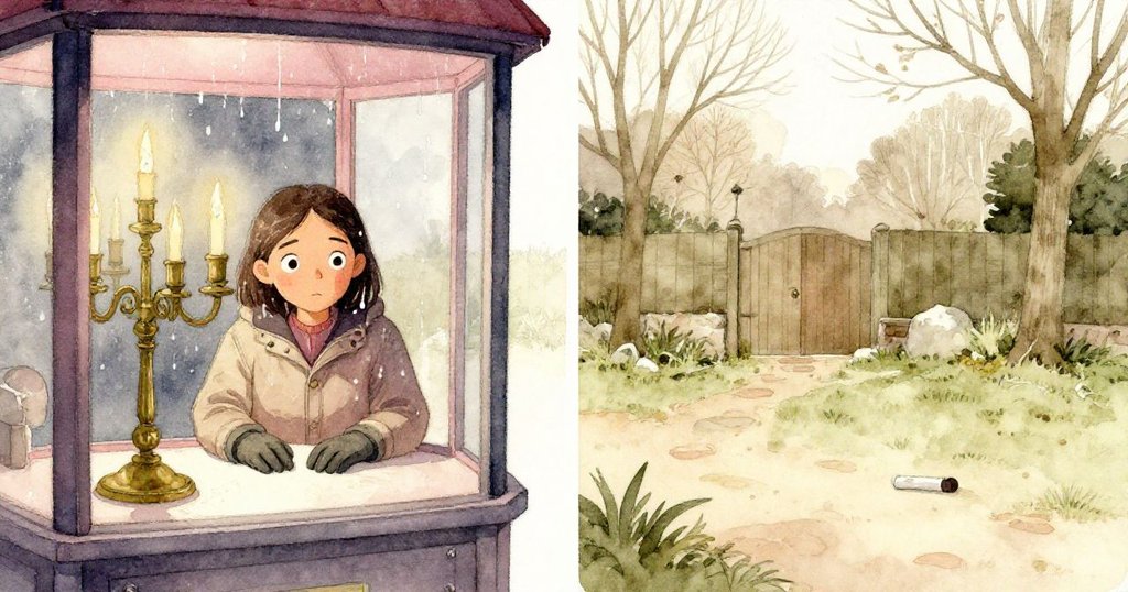 塔拉的調查同時展現在屋內與院外，一側呈現蠟滴從銅燭台滑落，另一側暗示粉筆失蹤，營造雙重現實感。