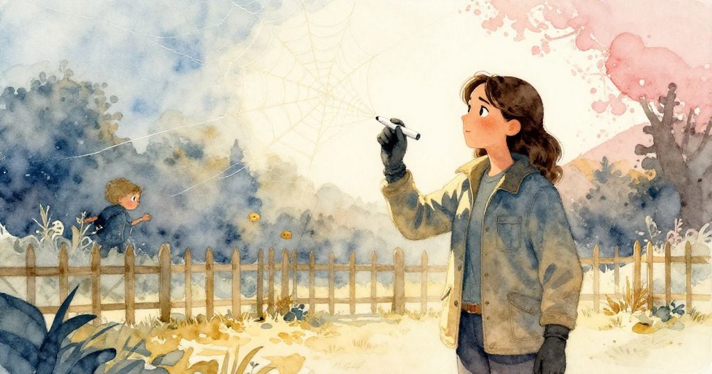 塔拉在溫暖金光中走回院子，手持粉筆，輕風吹拂下蜘蛛網輕輕搖曳，結局充滿希望與寧靜。