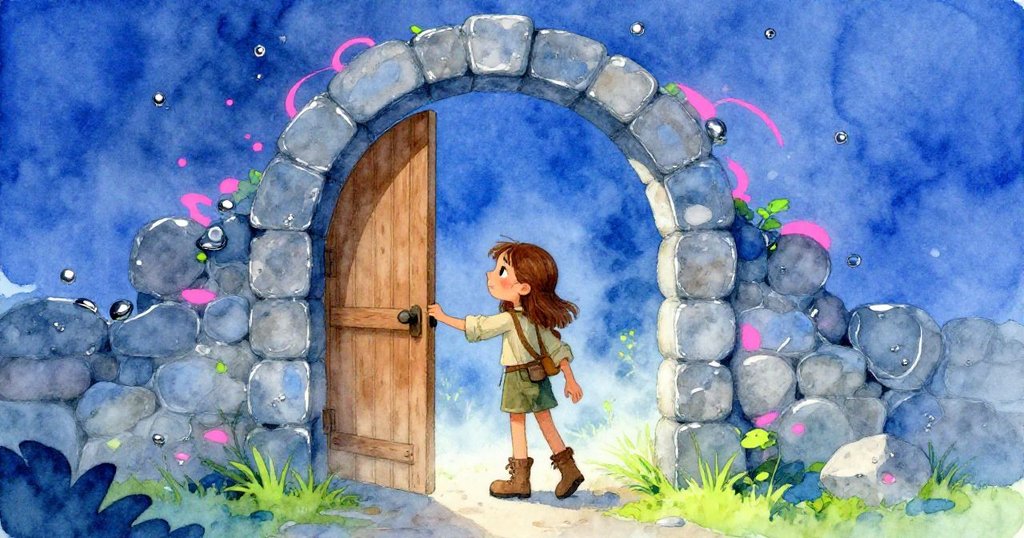 探險者推開老舊木門穿過石拱門，冷空氣瀰漫四周，臉上流露出好奇與期待，展現冒險啟程的氛圍。