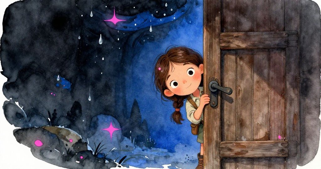 探險者透過狹縫小心窺視室內，凝視著滴水天花板，臉上充滿好奇與疑惑，光影交錯營造神秘氛圍。