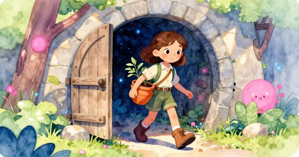 探險者手持裝有小植物的黏土盆走出酒窖，沐浴在明亮春光中，臉上流露愉悅與新生期待，環境生動鮮明。