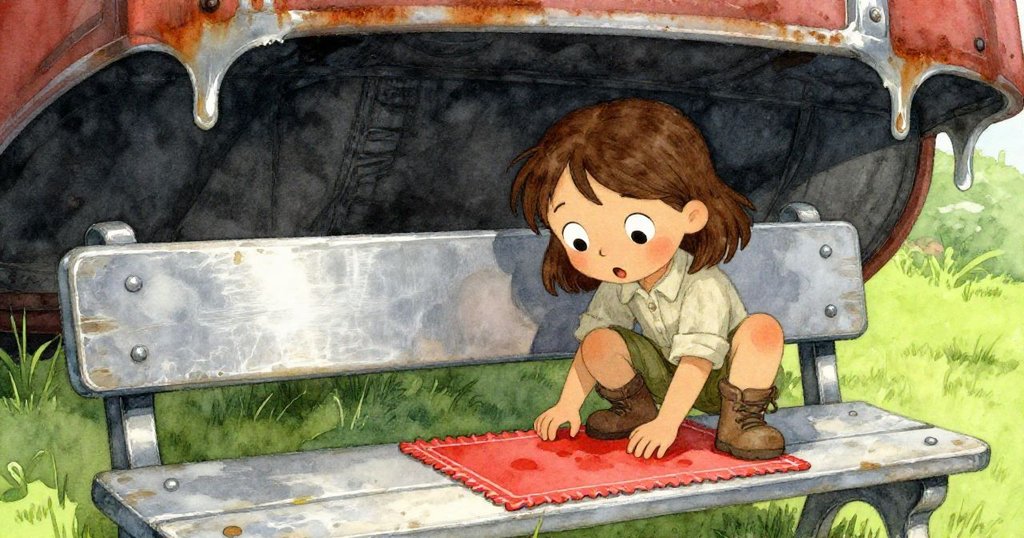 探險者在昏暗酒窖中驚覺餐墊上紅色印痕源自滴水天花板，仔細檢視時表情充滿驚奇與領悟。