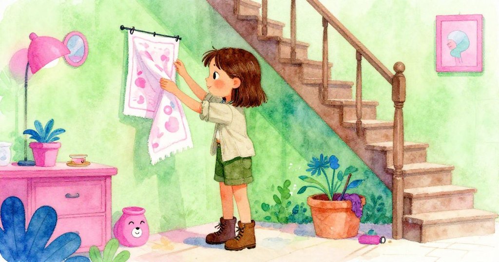 探險者將濕漉餐墊穩固掛在樓梯旁鐵掛上，背後酒桶依舊，滿懷平靜與欣慰，場景恢復與諧統一。