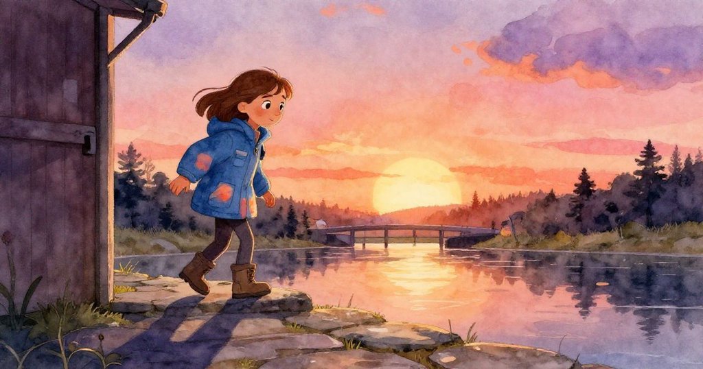 克拉拉從小木屋門檻踏下濕潤石壁，夕陽餘暉映照下充滿期待與驚奇，背景呈現溫柔黃橙與粉彩光影。