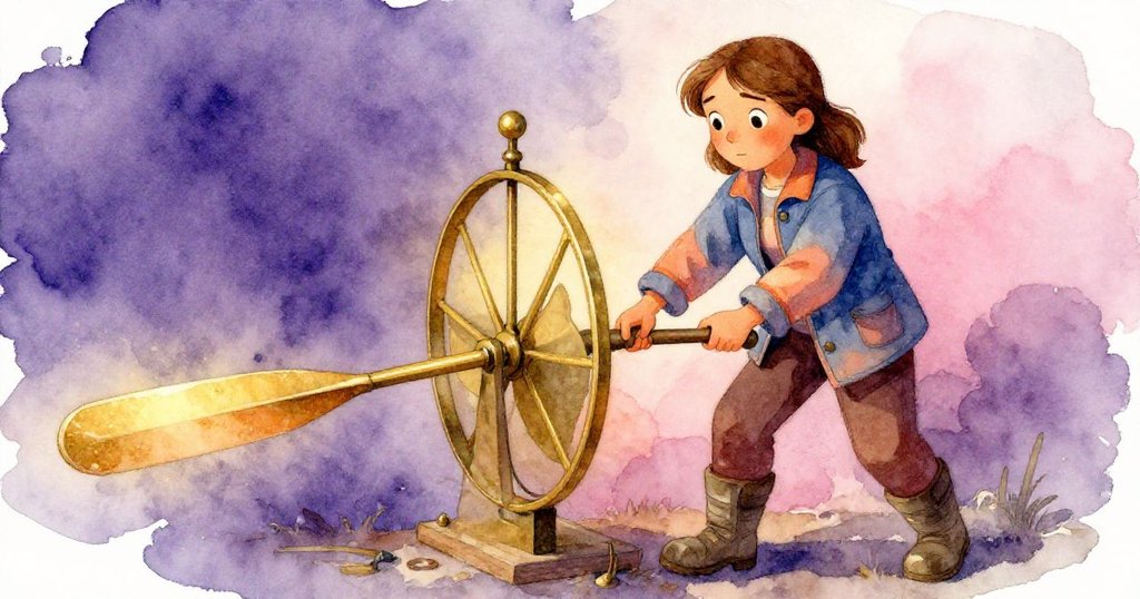 克拉拉專注地將銅把手絞盤安置於槳軸上，手部動作細緻、充滿堅定與思索，背景透出柔和黃橙光影。