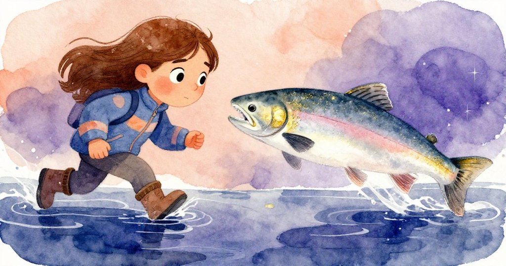 克拉拉專注凝望著水中倒影，銀色鮭魚躍出水面激起漣漪，水光映出她堅定神情與環境情趣。