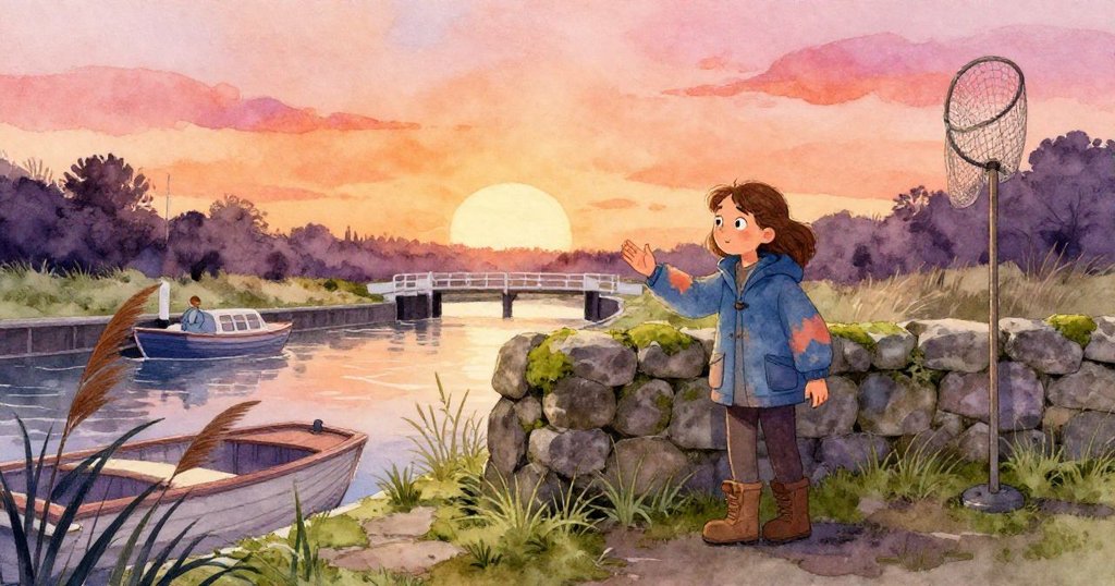 克拉拉在微風吹拂中觸摸潮濕石牆，背景展現擺動蘆葦與被遺忘的網，夕陽染出橙粉暖光，充滿自然溫情。