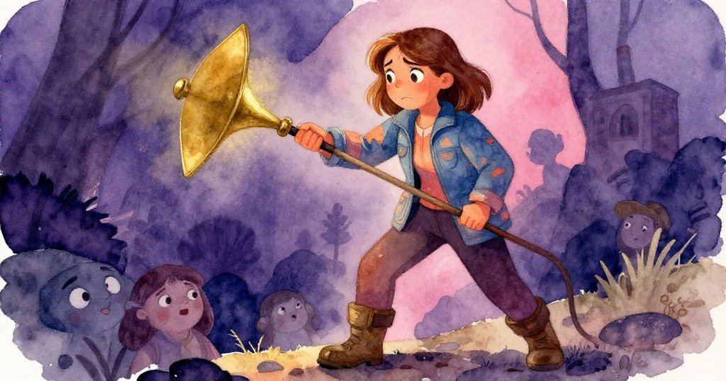 克拉拉在操作絞盤時露出猶豫神情，手握道具的瞬間充滿內心掙扎與緊張，背景呈現深紫與靛藍的戲劇光影。