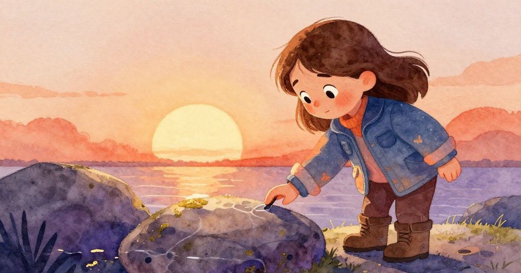 克拉拉輕觸石面上淡舊水線，神情平和中帶著淡淡疑問，夕陽餘光映出細膩溫柔的感受，故事在氛圍中落幕。