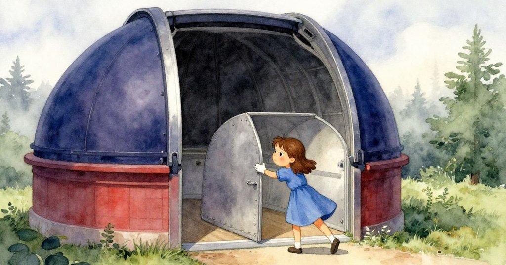 艾莉開啟觀測所艙門,寒冷金屬觸感中展現堅定神情,晨光微露背景,充滿期待與神秘感。