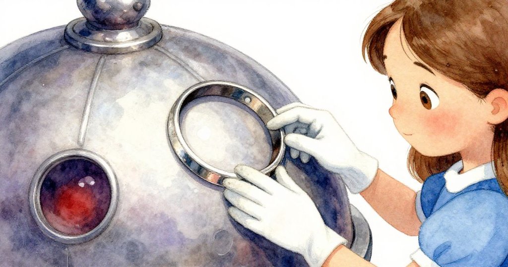 艾莉仔細檢查觀測圓盤上的磨損痕跡,手套輕觸金屬表面,細膩刻畫歷史痕跡與溫柔思索。