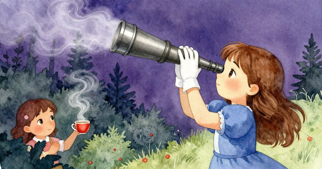 艾莉在傾斜視角中調整望遠鏡,手持冒蒸氣的茶杯,動感構圖融合夢幻星空與溫柔光影。