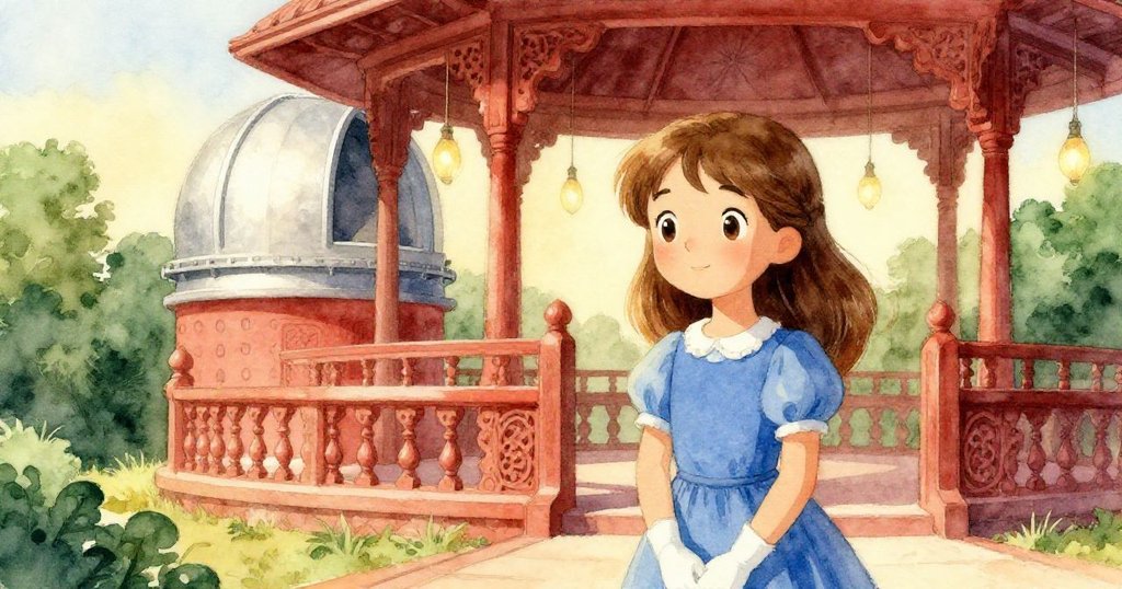 艾莉站於觀測所內,午後柔光中望向遠處文化館石雕欄杆,表情充滿懷舊與溫情回憶。