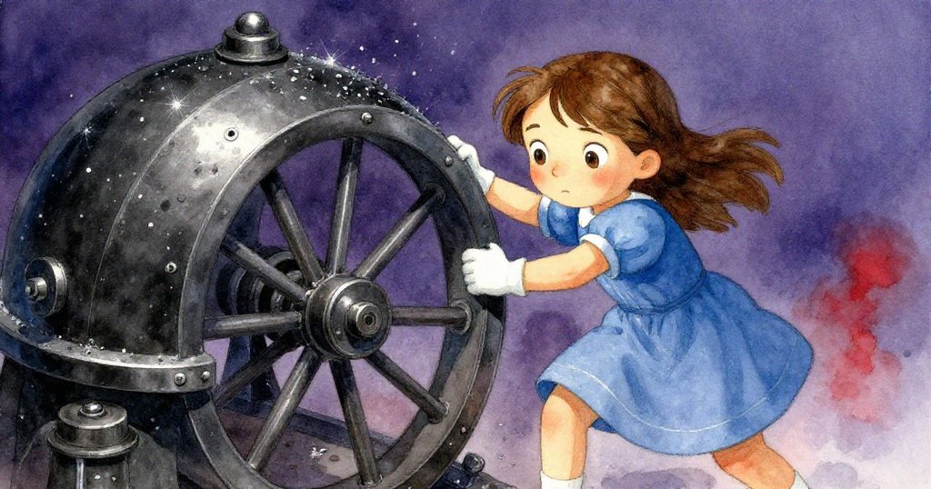 艾莉努力調整觀測輪盤,手中鏡觸金屬碎屑閃爍,神情專注面對機械困難,細節生動。