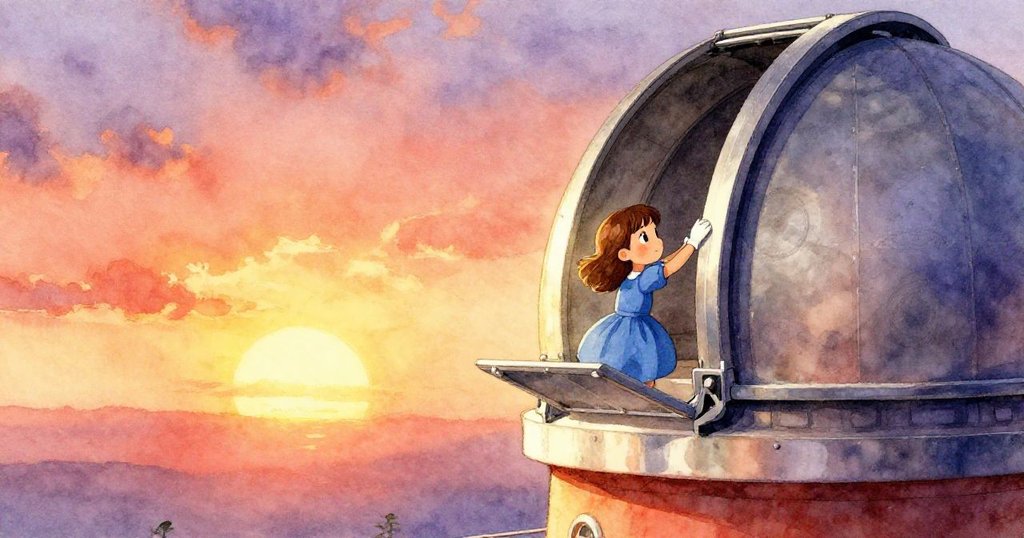 艾莉在夕陽餘暉中關閉艙門,金色光影映照轉動的輪盤,充滿希望與探險未來的暖心場景。