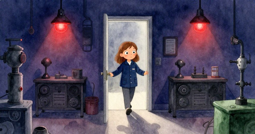 梅布爾進入充滿紅光與陰影的暗室，滿懷期待與緊張，開始了夜晚的神秘探索。