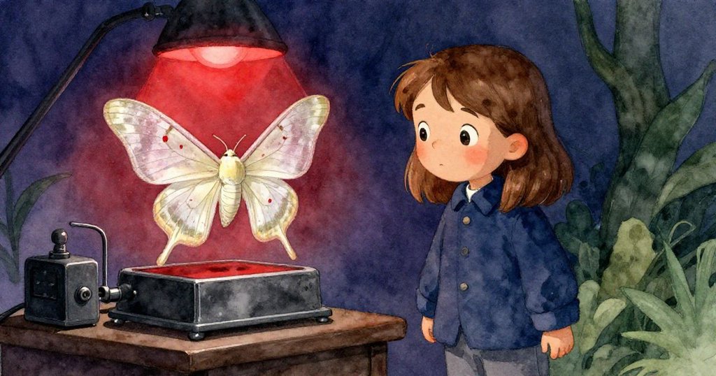 梅布爾注視著漂浮在放大機上的蒼白飛蛾，其粉狀翅膀映出一抹猩紅，現出神秘光影。