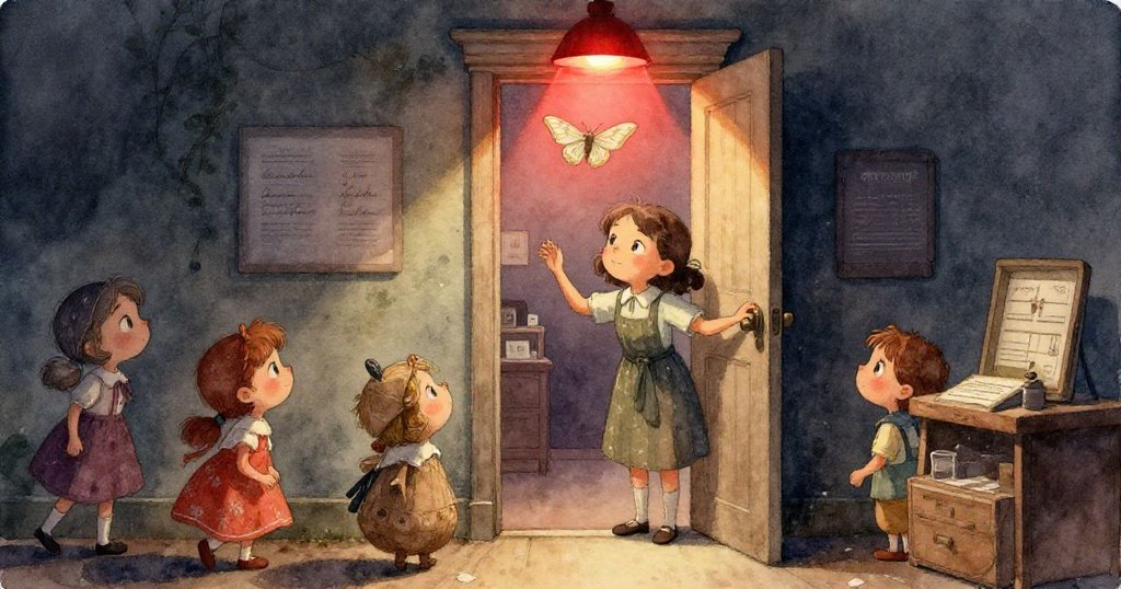 梅布爾的雙手在暗室中輕柔操作著覆滿水珠的膠卷筒，細緻地送入放大儀，充滿專注與溫柔之感。