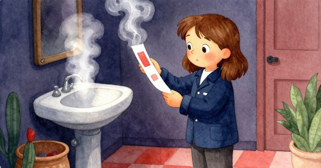 梅布爾倚在洗槽旁，蒸氣氤氳中凝望正出現的試片，其捲曲邊緣透露出微妙情緒與期待。